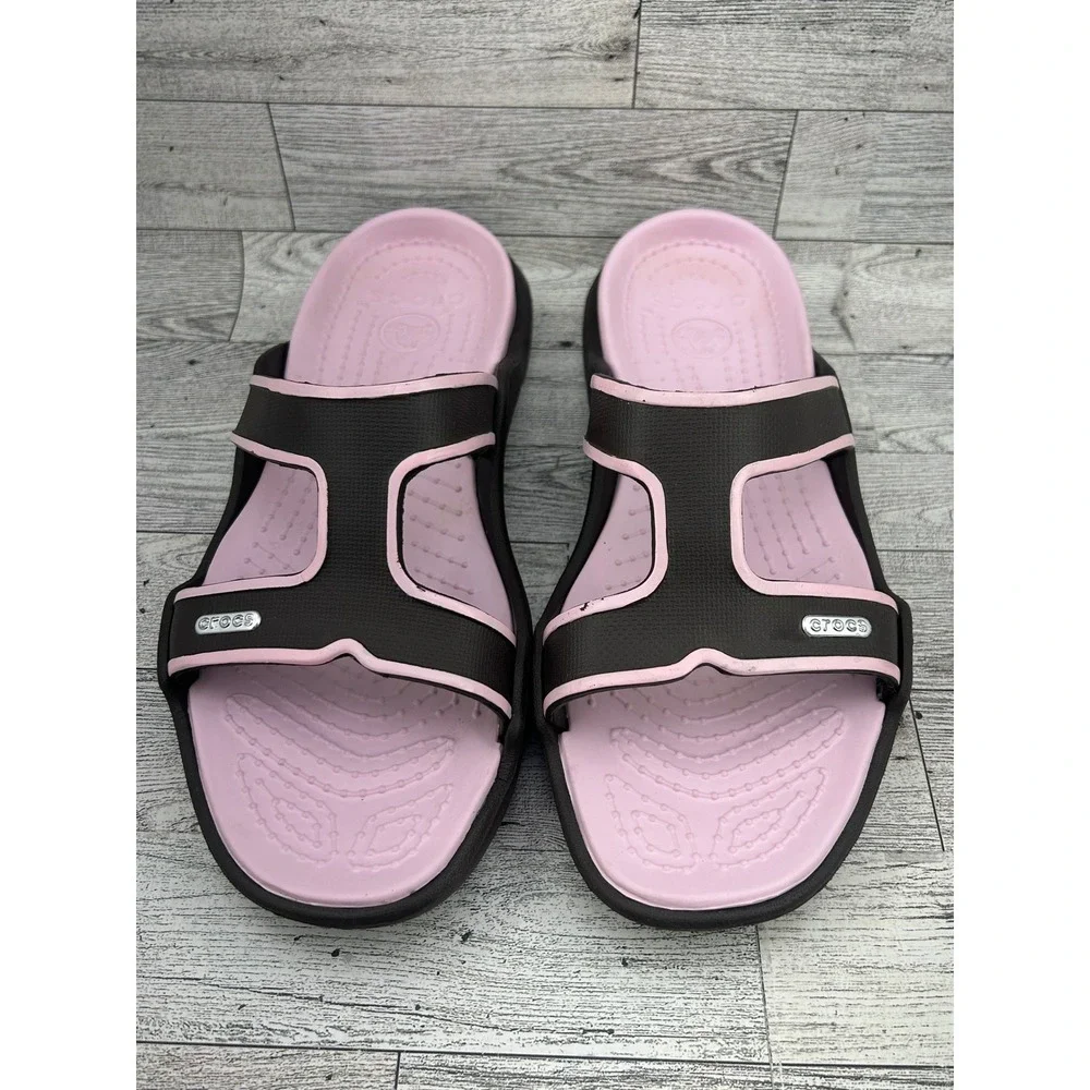 Crocs Women Slide Sandals Brown Pink‎ Dual Strap Slip On Shoes Size 11